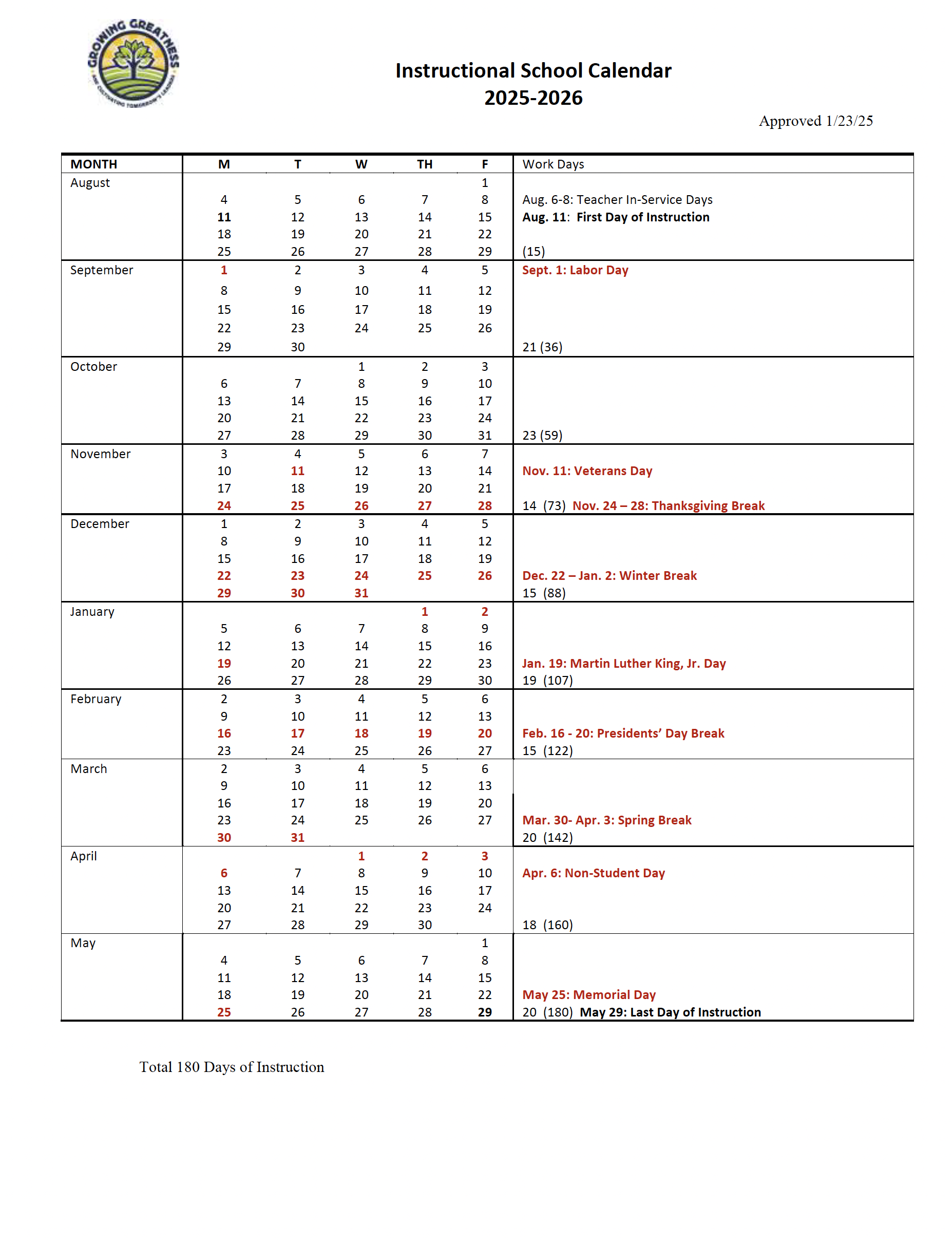 Instructional School Calendar